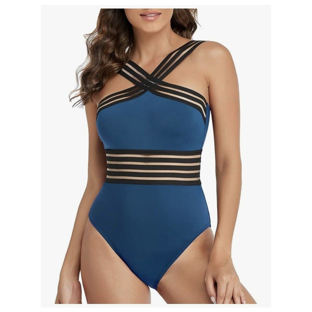 Hilor One Piece Swimsuit Blue Black Mesh Strappy Tummy Control Womens M 8-10